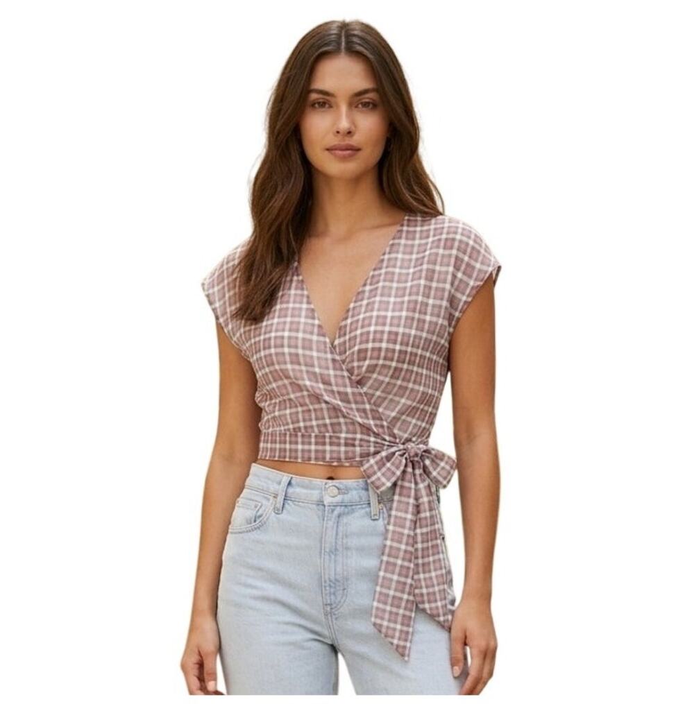 Halara Sheer Plaid Wrap Blouse Small Pink Gray White V-Neck Crop Shirt Top NWT